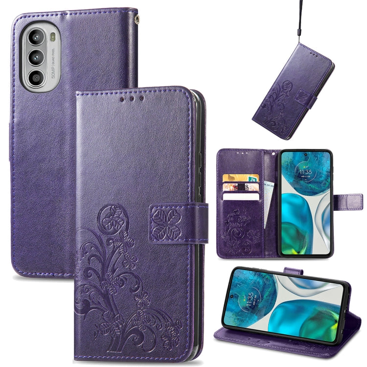 For Motorola Moto G52 Four-leaf Clasp Embossed Buckle Leather Phone Case