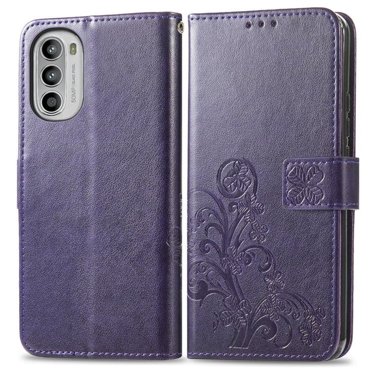 For Motorola Moto G52 Four-leaf Clasp Embossed Buckle Leather Phone Case