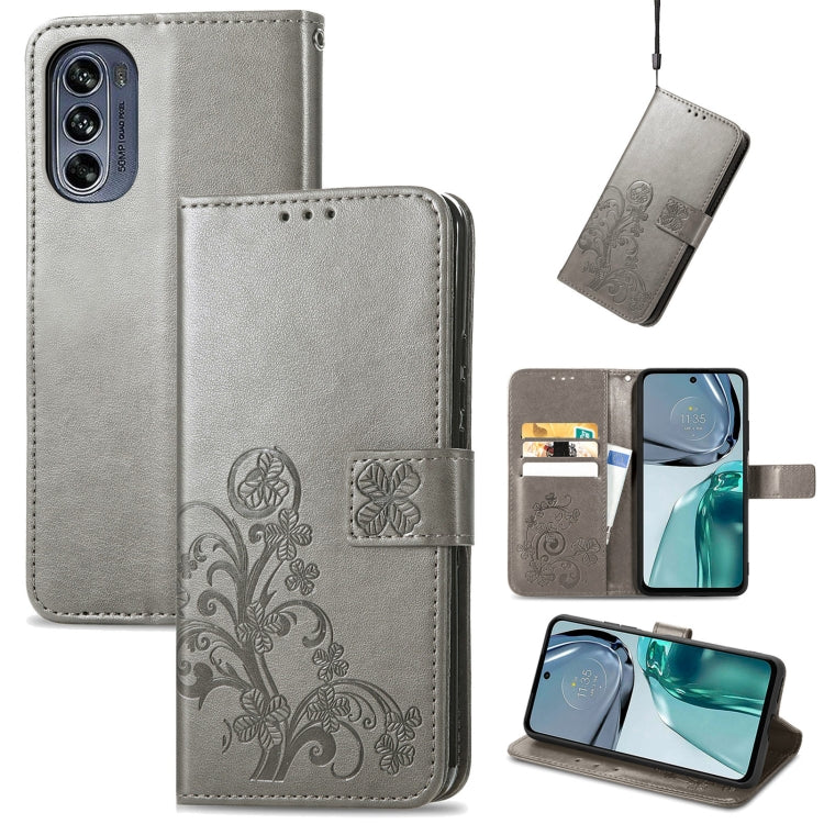 For Motorola Moto G62 Four-leaf Clasp Embossed Buckle Leather Phone Case