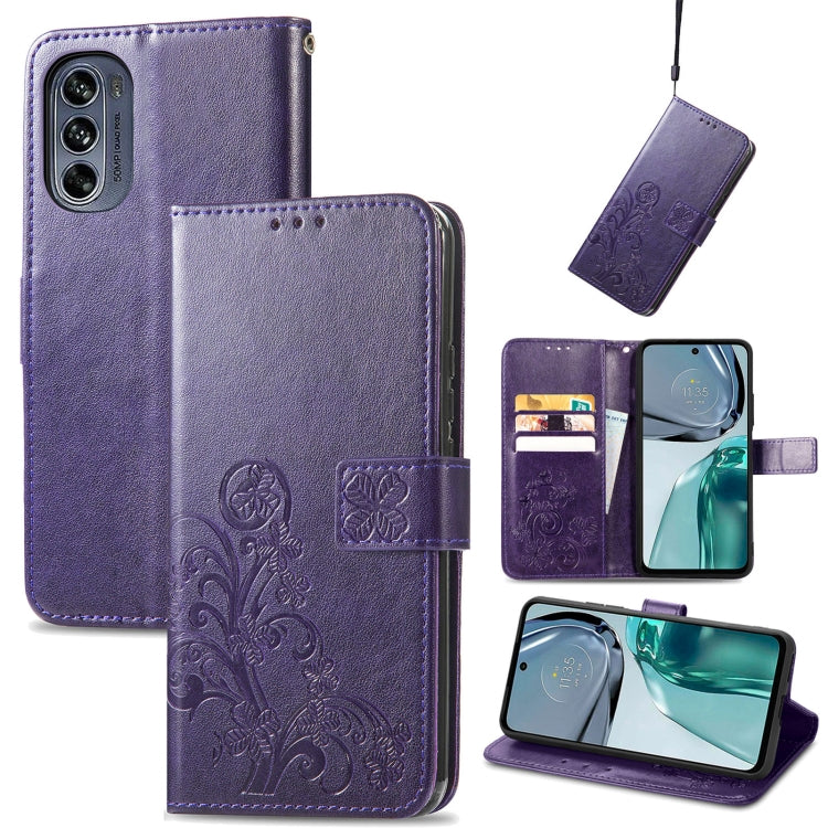 For Motorola Moto G62 Four-leaf Clasp Embossed Buckle Leather Phone Case