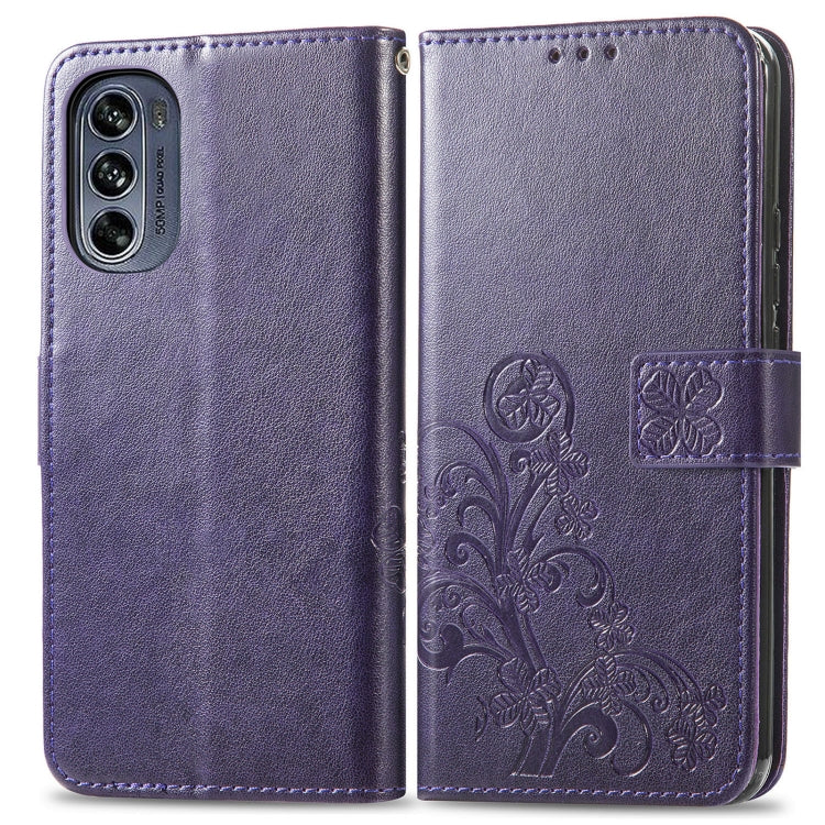 For Motorola Moto G62 Four-leaf Clasp Embossed Buckle Leather Phone Case