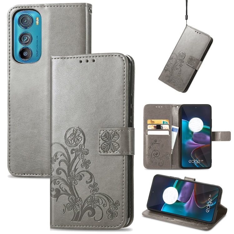 For Motorola Edge 30 Four-leaf Clasp Embossed Buckle Leather Phone Case