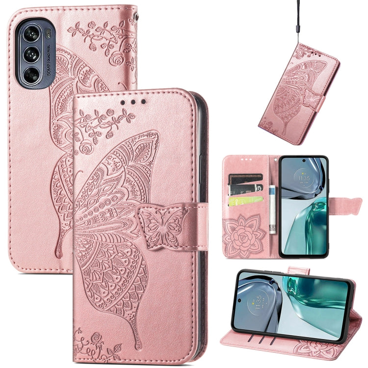 For Motorola Moto G62 Butterfly Love Flower Embossed Flip Leather Phone Case