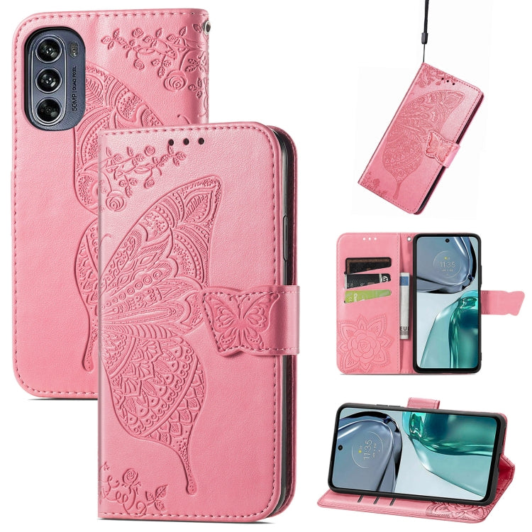 For Motorola Moto G62 Butterfly Love Flower Embossed Flip Leather Phone Case