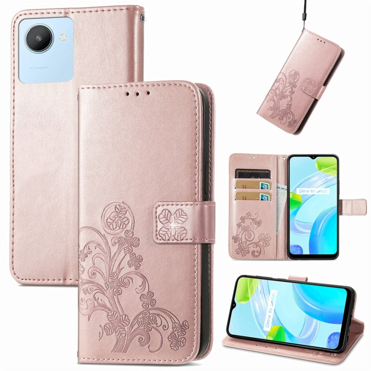 For Realme C30 Four-leaf Clasp Embossed Buckle Leather Phone Case
