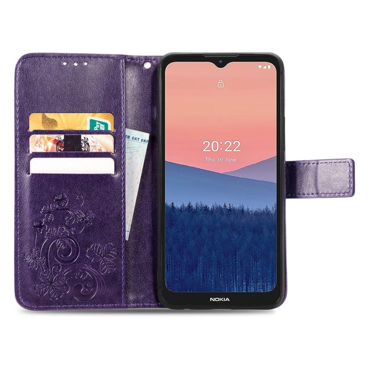 For Nokia C21 Four-leaf Clasp Embossed Buckle Leather Phone Case