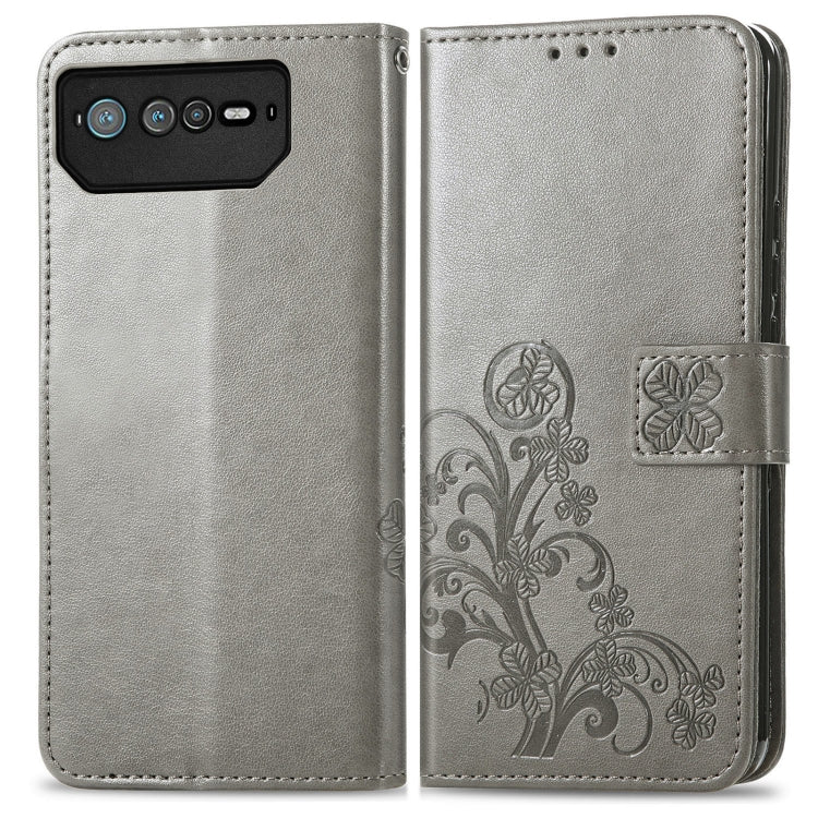 For Asus ROG Phone 6 Four-leaf Clasp Embossed Buckle Leather Phone Case