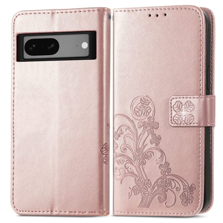 For Google Pixel 7 Four-leaf Clasp Embossed Buckle Leather Phone Case