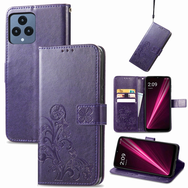 For T-Mobile REVVL 6 5G Four-leaf Clasp Embossed Buckle Leather Phone Case