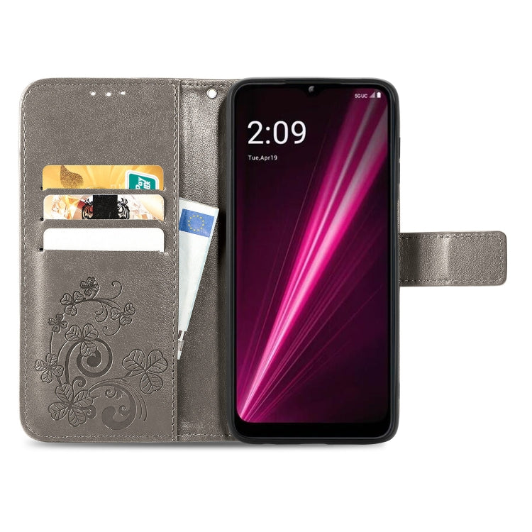 For T-Mobile Revvl 6 Pro 5G Four-leaf Clasp Embossed Buckle Leather Phone Case