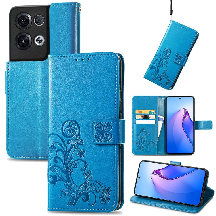 For OPPO Reno8 Pro Overseas Edition Four-leaf Clasp Embossed Buckle Leather Phone Case