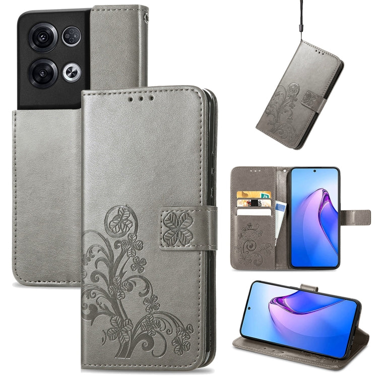 For OPPO Reno8 Pro Overseas Edition Four-leaf Clasp Embossed Buckle Leather Phone Case
