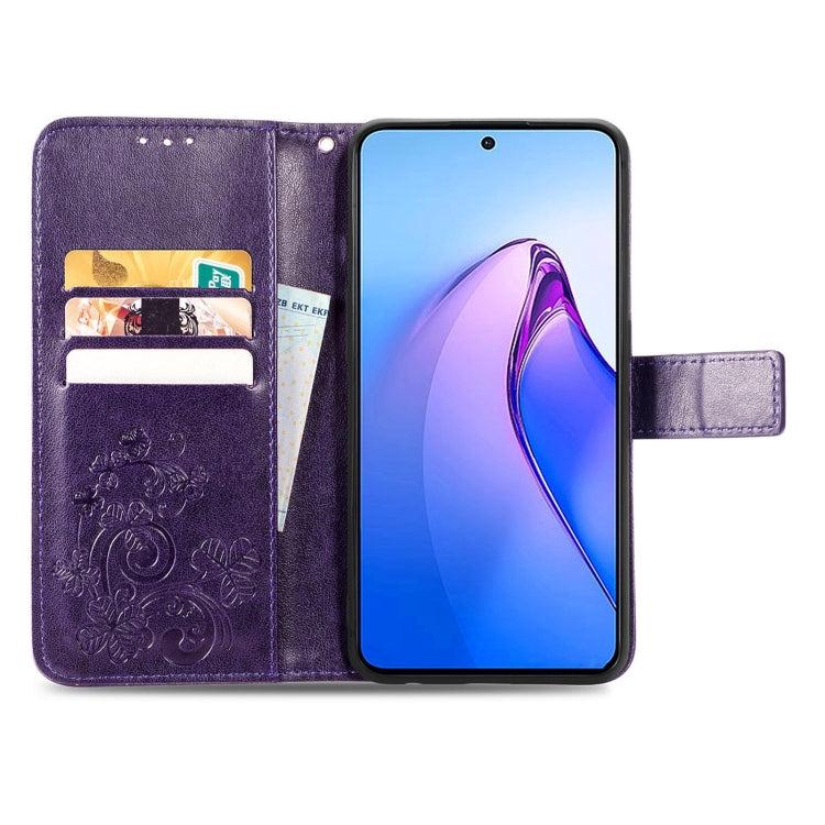 For OPPO Reno8 Pro Overseas Edition Four-leaf Clasp Embossed Buckle Leather Phone Case