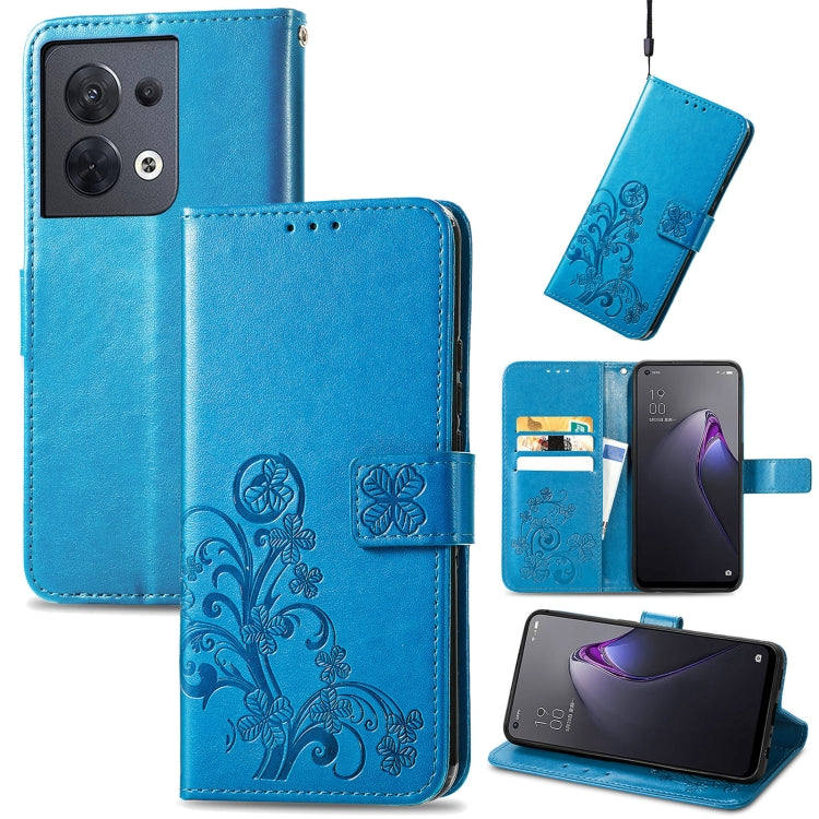 For OPPO Reno8 4G Four-leaf Clasp Embossed Buckle Leather Phone Case