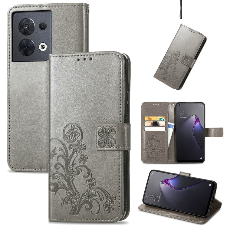 For OPPO Reno8 4G Four-leaf Clasp Embossed Buckle Leather Phone Case