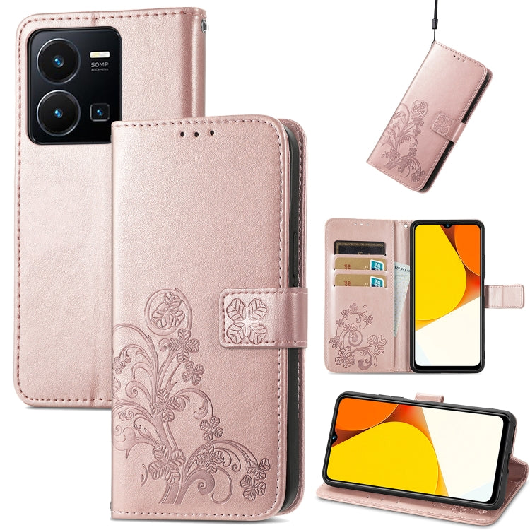 For vivo Y35 Four-leaf Clasp Embossed Buckle Leather Phone Case