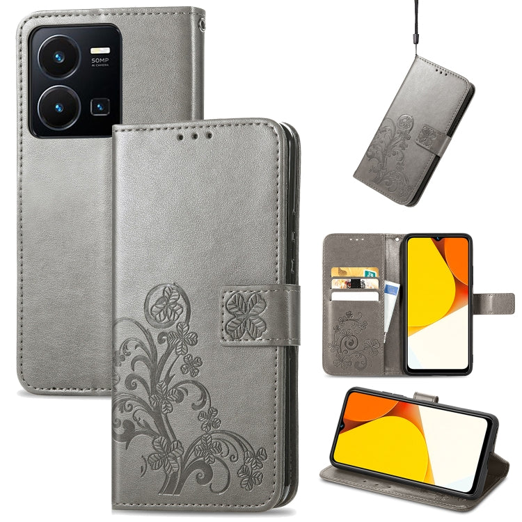For vivo Y35 Four-leaf Clasp Embossed Buckle Leather Phone Case