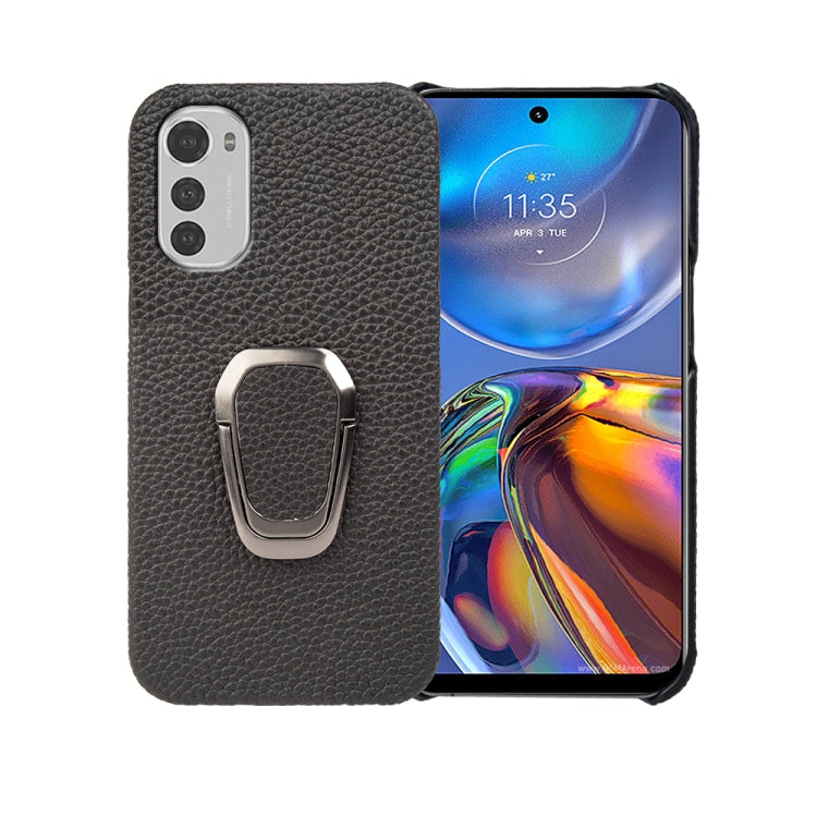 For Motorola Moto E32 4G Ring Holder Litchi Texture Genuine Leather Phone Case