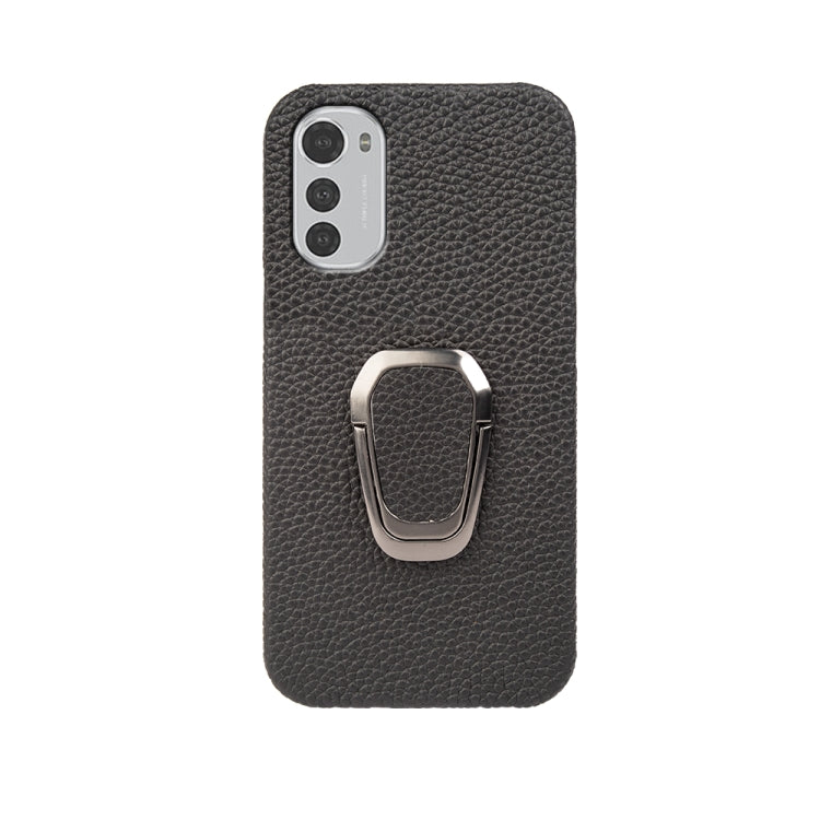 For Motorola Moto E32 4G Ring Holder Litchi Texture Genuine Leather Phone Case