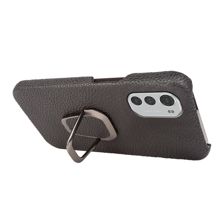 For Motorola Moto E32 4G Ring Holder Litchi Texture Genuine Leather Phone Case
