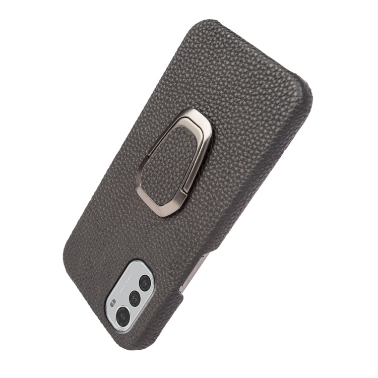 For Motorola Moto E32 4G Ring Holder Litchi Texture Genuine Leather Phone Case