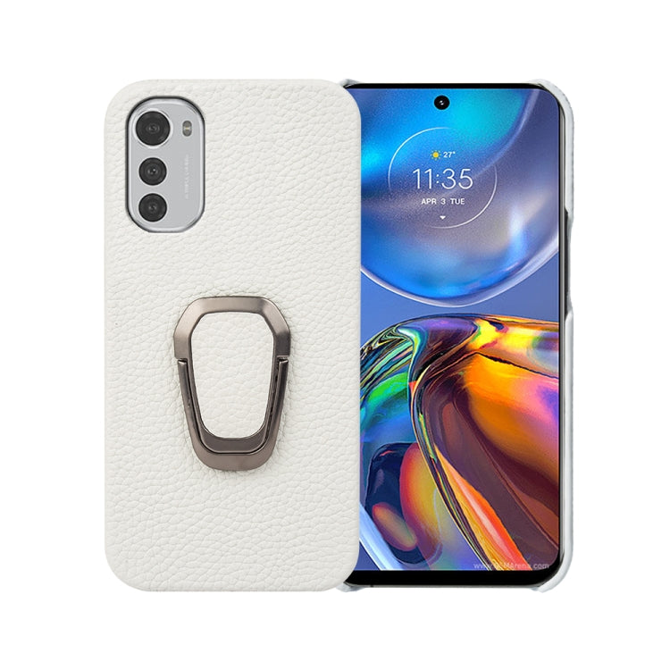 For Motorola Moto E32 4G Ring Holder Litchi Texture Genuine Leather Phone Case