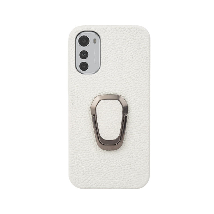 For Motorola Moto E32 4G Ring Holder Litchi Texture Genuine Leather Phone Case