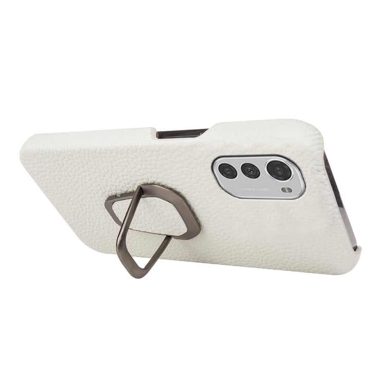 For Motorola Moto E32 4G Ring Holder Litchi Texture Genuine Leather Phone Case