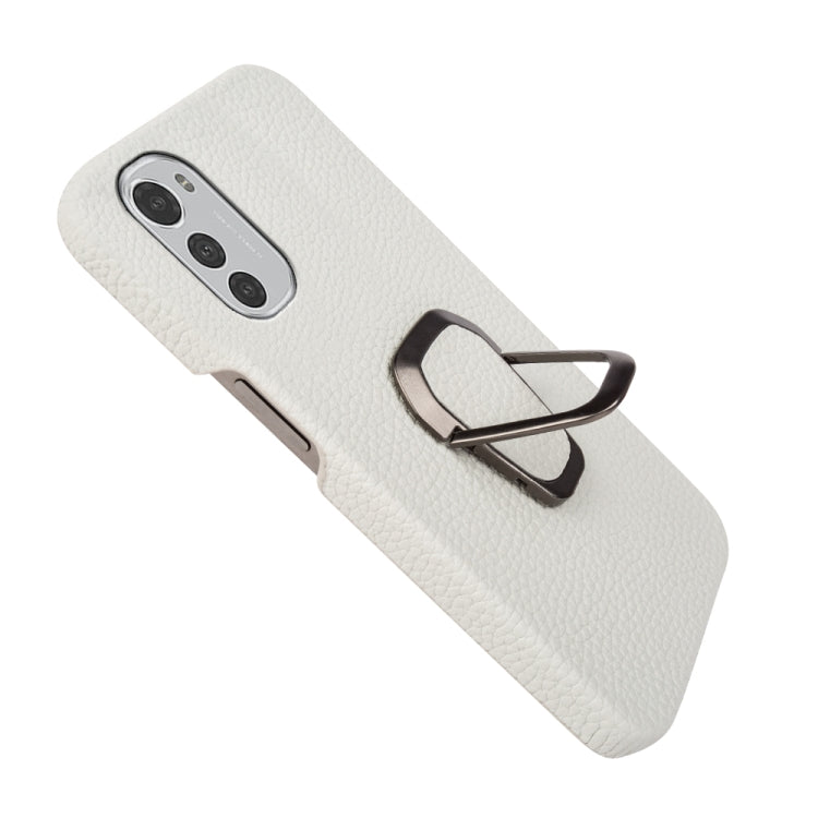 For Motorola Moto E32 4G Ring Holder Litchi Texture Genuine Leather Phone Case