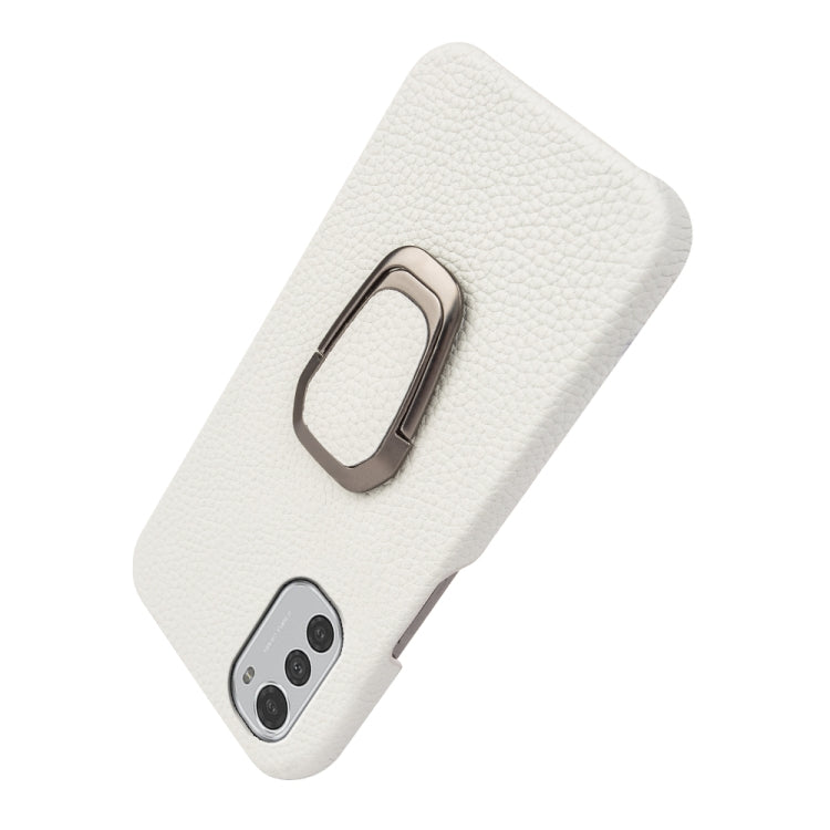 For Motorola Moto E32 4G Ring Holder Litchi Texture Genuine Leather Phone Case