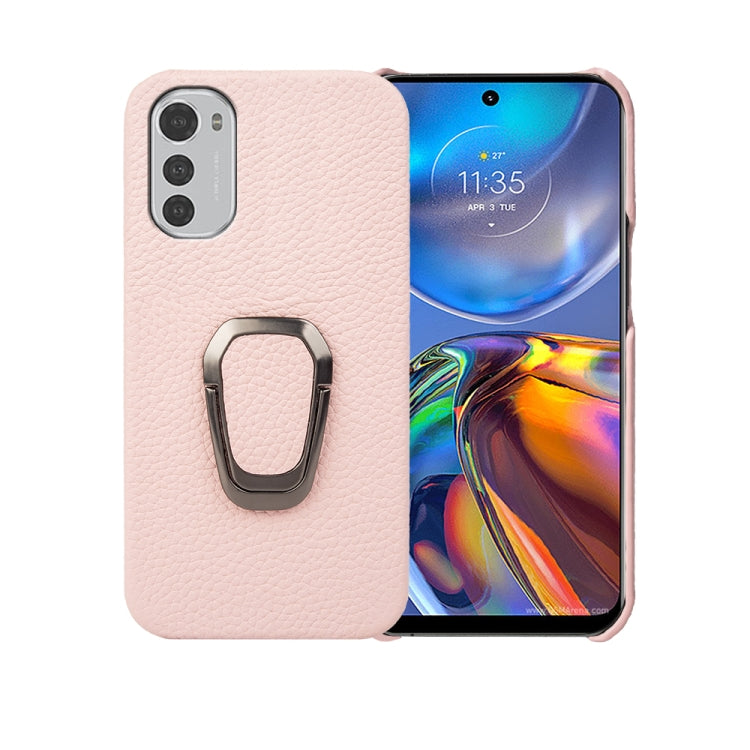 For Motorola Moto E32 4G Ring Holder Litchi Texture Genuine Leather Phone Case