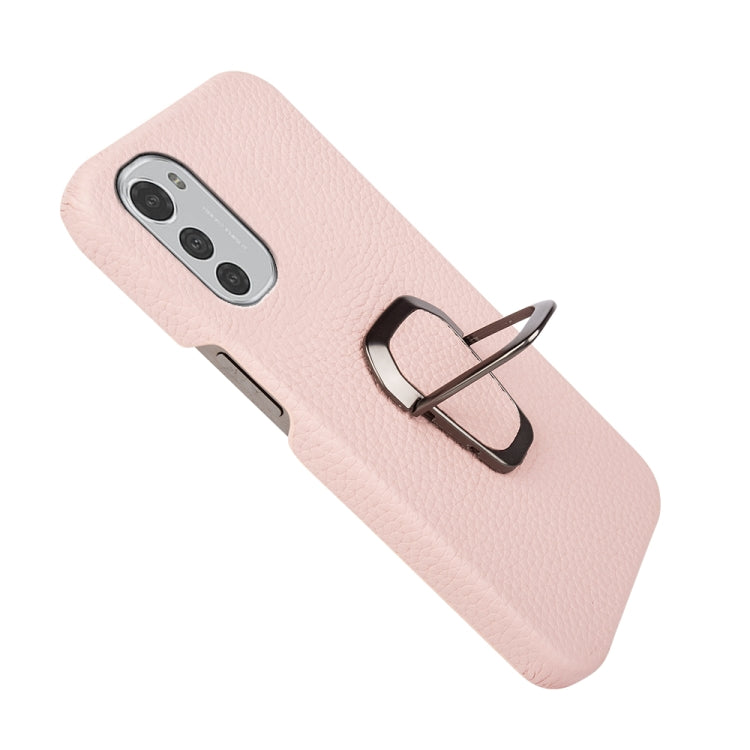 For Motorola Moto E32 4G Ring Holder Litchi Texture Genuine Leather Phone Case