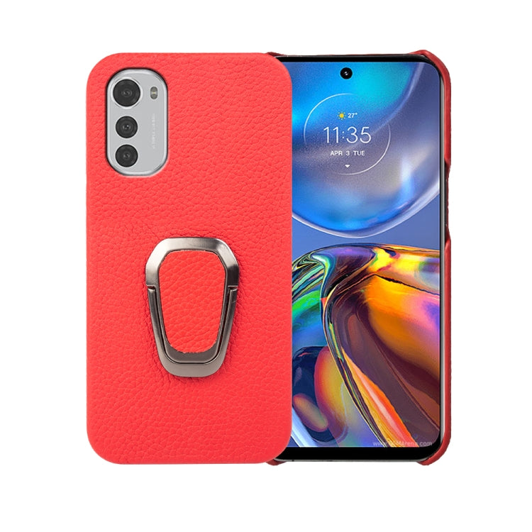For Motorola Moto E32 4G Ring Holder Litchi Texture Genuine Leather Phone Case