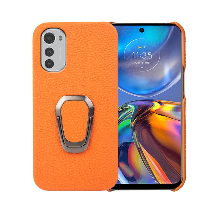 For Motorola Moto E32 4G Ring Holder Litchi Texture Genuine Leather Phone Case