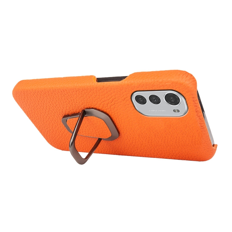 For Motorola Moto E32 4G Ring Holder Litchi Texture Genuine Leather Phone Case