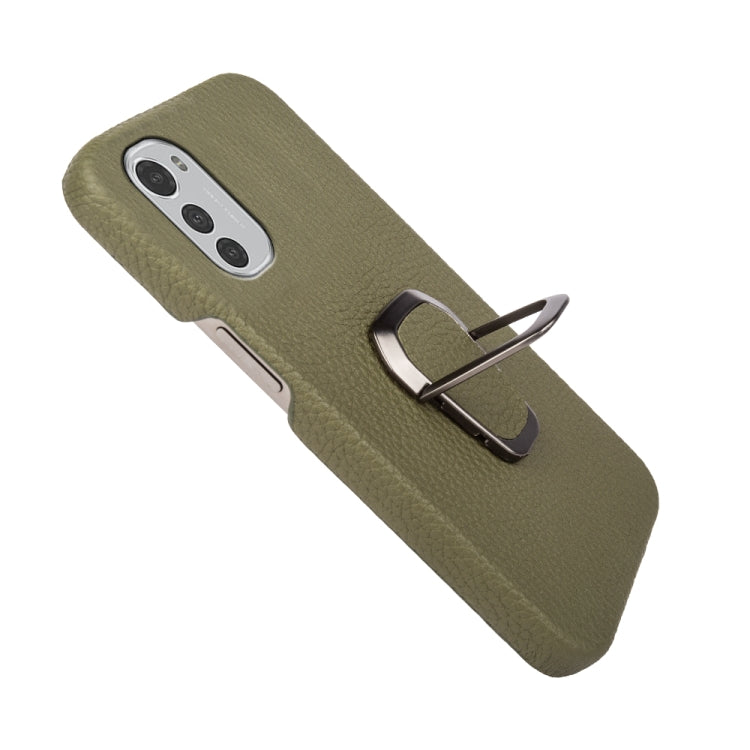 For Motorola Moto E32 4G Ring Holder Litchi Texture Genuine Leather Phone Case