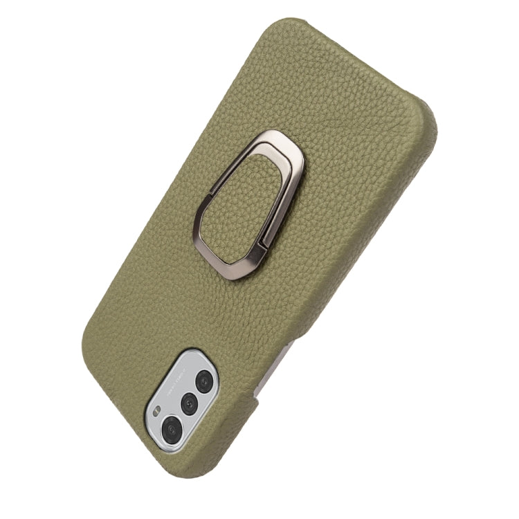For Motorola Moto E32 4G Ring Holder Litchi Texture Genuine Leather Phone Case