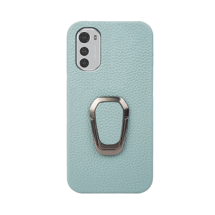 For Motorola Moto E32 4G Ring Holder Litchi Texture Genuine Leather Phone Case
