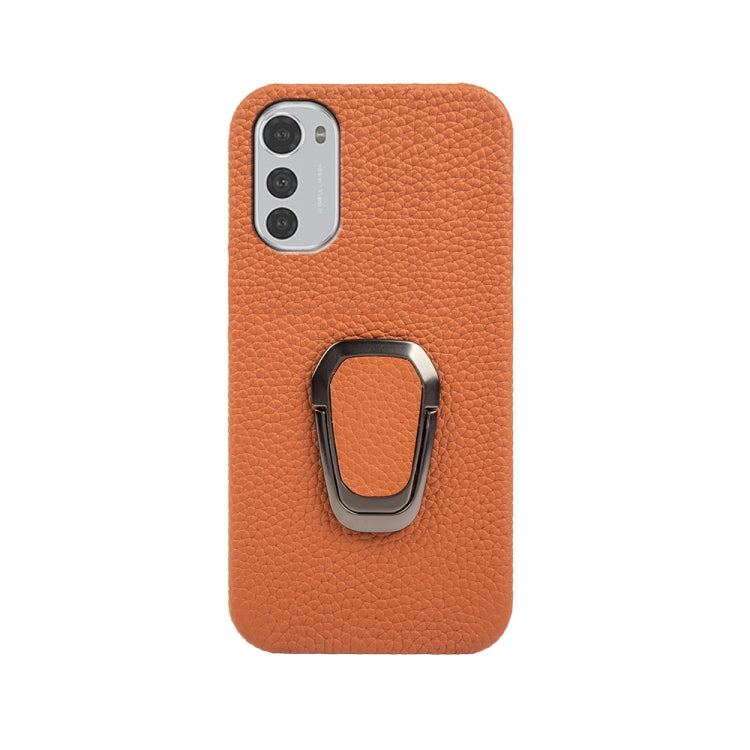 For Motorola Moto E32 4G Ring Holder Litchi Texture Genuine Leather Phone Case