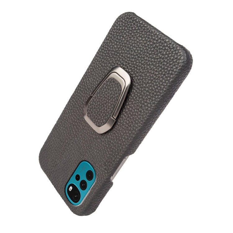 For Motorola Moto G22 Ring Holder Litchi Texture Genuine Leather Phone Case