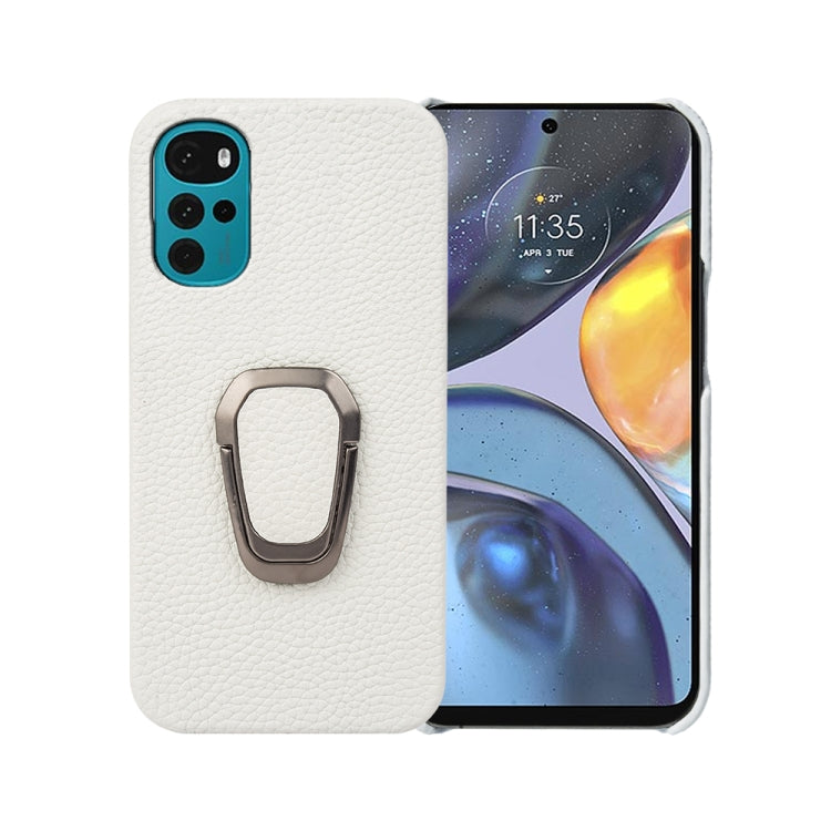 For Motorola Moto G22 Ring Holder Litchi Texture Genuine Leather Phone Case