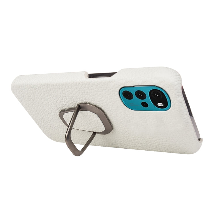 For Motorola Moto G22 Ring Holder Litchi Texture Genuine Leather Phone Case