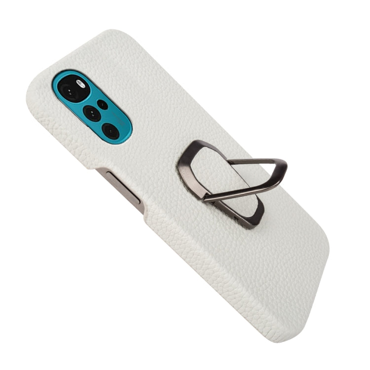 For Motorola Moto G22 Ring Holder Litchi Texture Genuine Leather Phone Case