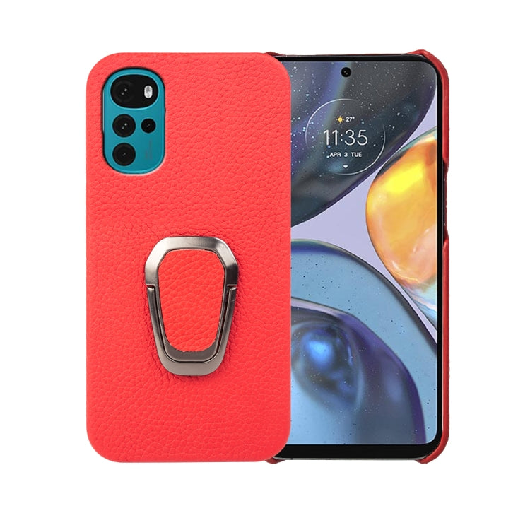 For Motorola Moto G22 Ring Holder Litchi Texture Genuine Leather Phone Case