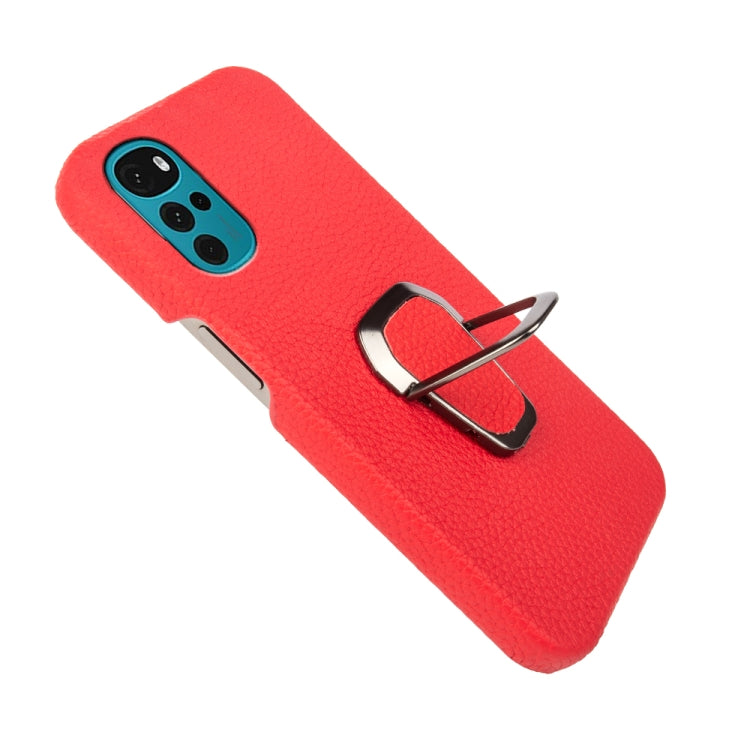 For Motorola Moto G22 Ring Holder Litchi Texture Genuine Leather Phone Case