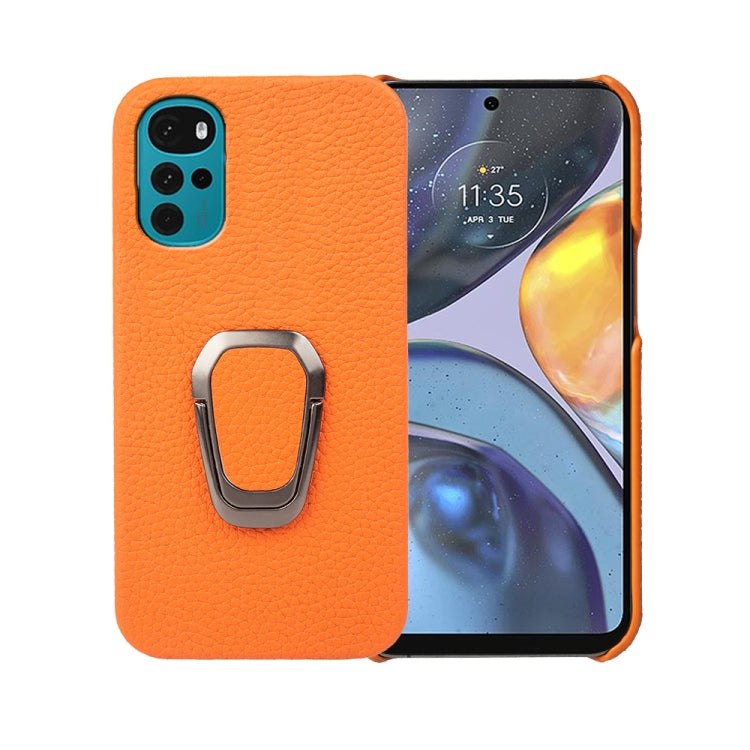 For Motorola Moto G22 Ring Holder Litchi Texture Genuine Leather Phone Case