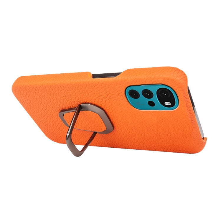 For Motorola Moto G22 Ring Holder Litchi Texture Genuine Leather Phone Case