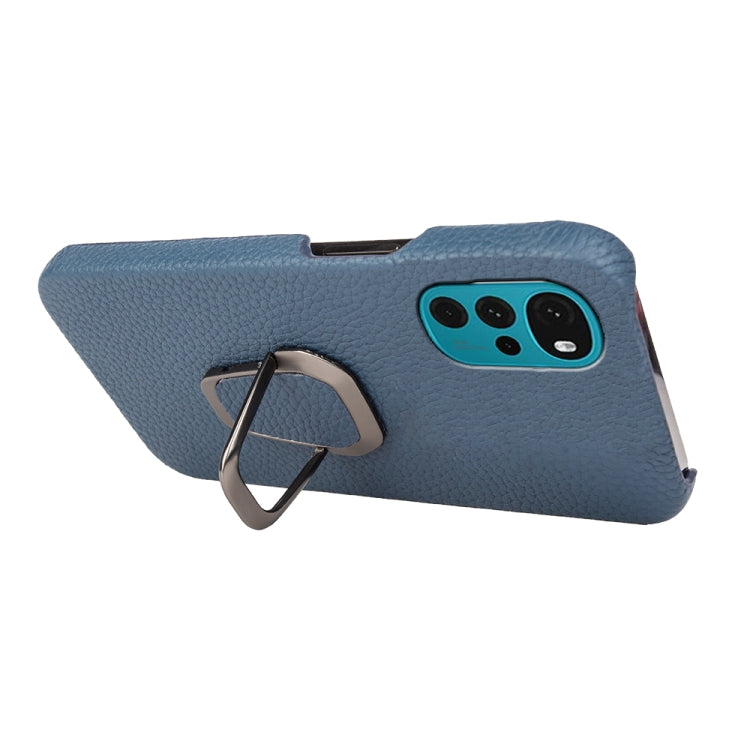 For Motorola Moto G22 Ring Holder Litchi Texture Genuine Leather Phone Case