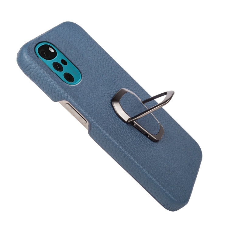For Motorola Moto G22 Ring Holder Litchi Texture Genuine Leather Phone Case