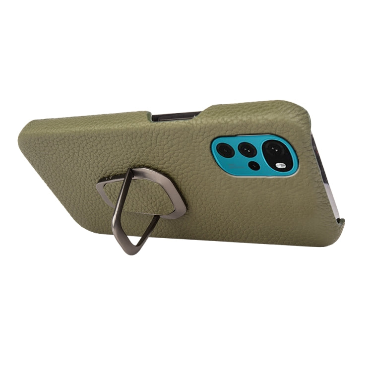 For Motorola Moto G22 Ring Holder Litchi Texture Genuine Leather Phone Case